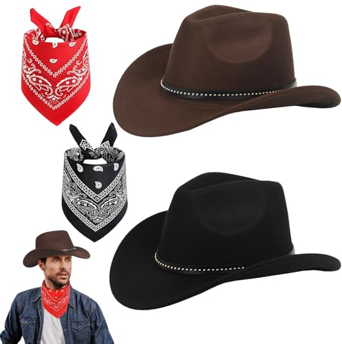 PGonline Cowboyhüte aus Filz, Western-Set, Schwarz & Braun, Cowboyhüte mit roten und schwarzen Bandanas, Texas Texanisches Kostümzubehör für Männer, Frauen, Erwachsene, Wilder Westen, Kostümparty, 4