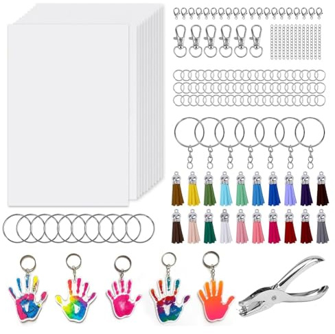 Eighosee Hole Punch,Tassels Included Shrink Dink Keychain Kit 251 PCS with 20 Sheets Shrink Plastic, Lobster Clasps, Keychain