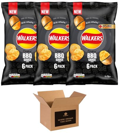Walkers Crisps Variety Multipack | Assorted Flavours – Classic British Snack Box for Sharing, Lunchbox & Traveling – Family Party Pack Flavored Crispy Snacks (Pack 3, 6xWakers Smokin BBQ Sauce)