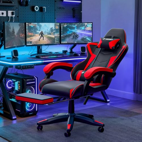 GartistGo Gaming Chair, Ergonomic Computer Chairs with Footrest, Headrest and Lumbar Support, 90°-155° Reclining, PU Leather, Height Adjustable 360°-Swivel PC Chair (Black-Red)