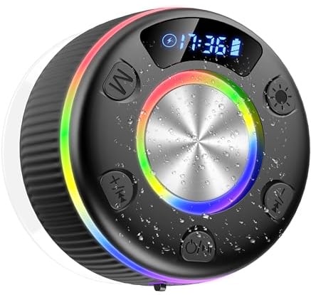 Bluetooth Lautsprecher Dusche, musikbox Bluetooth mit HD Mic, RGB Lichtshow, Zeitangabe, Mini Duschlautsprecher mit Saugnapf, 8H Stereo Sound Tragbare Speaker, IP7 Wasserdicht für Badezimmer, Schwarz