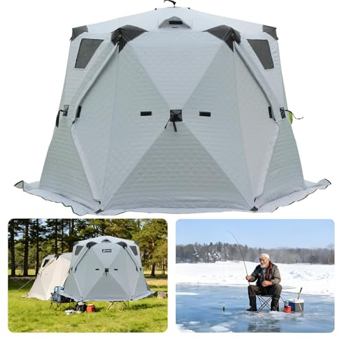 Isoliertes Eisangelzelt 6–12 Personen – Tragbares Pop-up Iglu Zelt mit Boden & Ofenöffnung, 2 Türen, 4 Fenstern, dickem Isoliermaterial, perfektes Ice Shanty fürs Wintercamping Silver-6-8Person