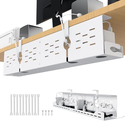 Univivi Under Desk Cable Management Tray, 32 in Desk Cable Tidy Tray, White | Steel, No-Drill C-Clamp & Screw Mount, Flexible Desk Organiser, Heavy Duty, Cord Organiser Desk, For Office and Home