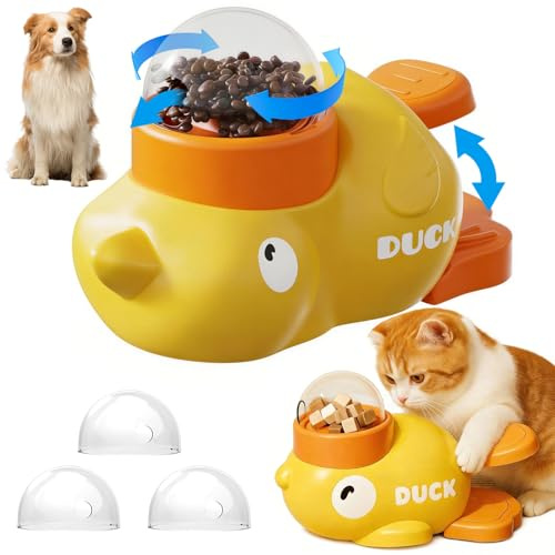 QingWing Distributeur Croquettes Chat Forme de Canard Jaune 2 en 1 | Distributeur Croquettes Chien avec 3 Couvercles, Jouet Interactif Chien, Educational Pet Feeder Toy, Jouet Intelligence Chat