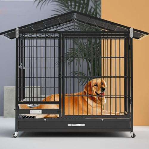 Heavy Duty Dog Cage with Feeding Door, 3 Anti Escape Dog Cages, Indoor with Toilet Separation, Large Dog Pet Kennel