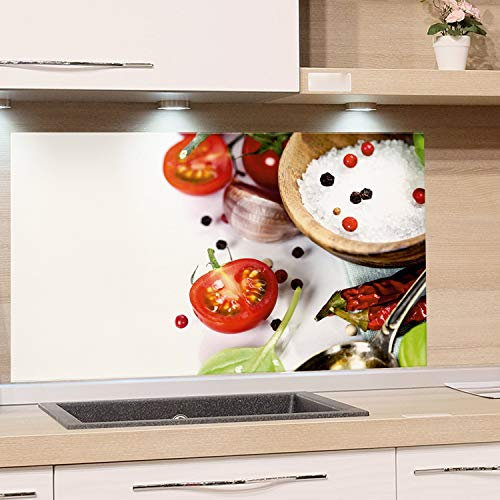 GRAZDesign Küchenrückwand Glas-Bild Spritzschutz Herd | Druck hinter Glas | Bild Motiv Gewürze und Tomaten Rückwand Küche, Glasplatte mit Motiv Küchenmotive, 80x50cm