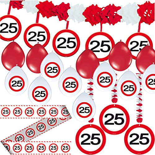 CARPETA 23-TLG. Partyset * 25. Geburtstag * mit Verkehrschild Deko: Girlande + Rotorspiralen + Absperrband und vielen Luftballons Dekoset Dekobox Verkehrsschild