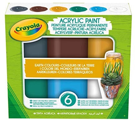 CRAYOLA 6 Gouaches acryliques, Couleurs de la Terre, en pots refermables, prêtes à l'emploi, pour l'école et les loisirs, 54-4411