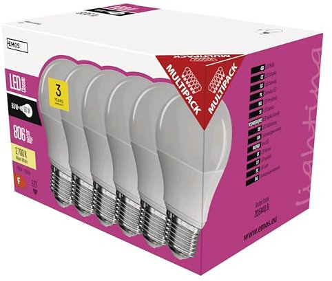 EMOS ZQ5140.6 LED Lampe 6er, 8,5W ersetzt 60 W Glühbirne, A60, E27 Sockel, Lichtleistung 806 Lumen, Warmweiß – 2700 Kelvin, 30000 Stunden Lebensdauer, 8.5 W, 6 Stück (1er Pack)