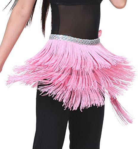 Wuchieal Bauchtanz Kostüm Latin Dance Pailletten Quaste Fransen Outfits Rock für Damen (Pink, One Size)