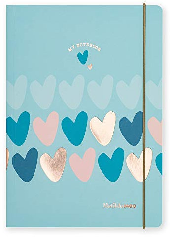Matilda Moo Notebook - A5 Lined - Hearts - Blue & Rose Gold