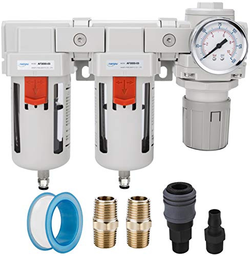 NANPU 1/2“ BSP Doppelluftfilter, Luftdruckregler Combo - Halbautomatischer Abfluss, 5 μm Messingelement, Poly Bowl, 10 bar