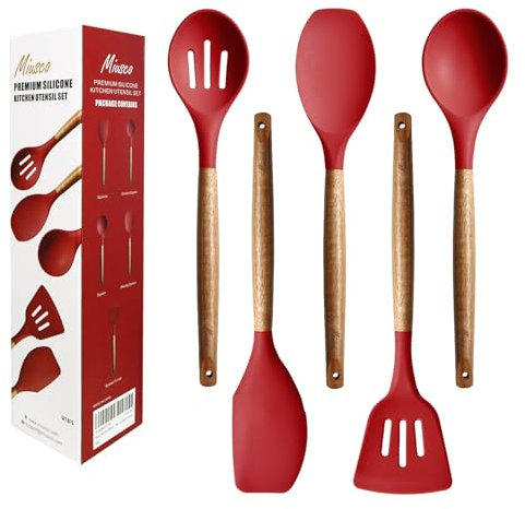 Miusco Silikon Kochlöffel Set, Antihaft-Silikon-Küchenutensilien-Set, 5-teilig, Küchenhelfer Set mit Akazien-Hartholzgriff, Rot, BPA-frei, Silikon-Küchenutensilien-Set zum Backen & Servieren