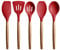 Miusco Set di 5 cucchiai da cucina in silicone antiaderente, con manico in legno di acacia, rosso, senza BPA, set di utensili da cucina in silicone per cuocere e servire