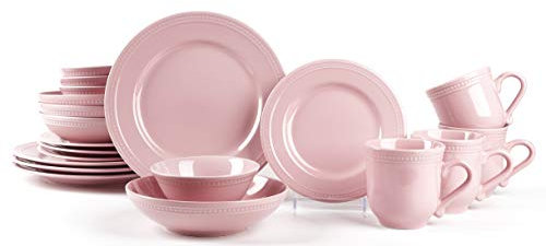 HomeVss, Assiettes Service de Table en Céramique à Pois Nacrés (20 Pièces) - Rose