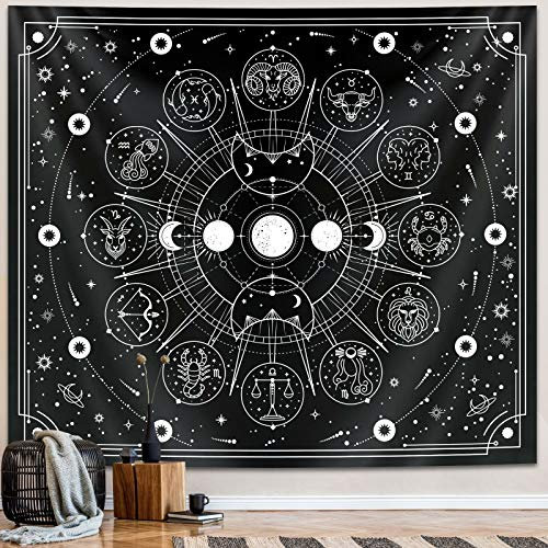 Wandteppich mit Sternzeichen Sonne und Mond, Schwarz und Weiß, Sternbild als Wandbehang, Dekoration, Sterne Weltraum, psychedelische Schlafzimmer-Ästhetik, Zuhause, Schlafsaal (129.5 x 149.9 cm)