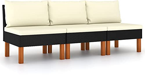 Tidyard 3 STK. Mittelsofas Gartensofa Rattensofa Loungesofa Balkonsofa Sitzgruppe Gartengarnitur Terrassensofa Gartenmöbel Poly Rattan und Eukalyptus Massivholz