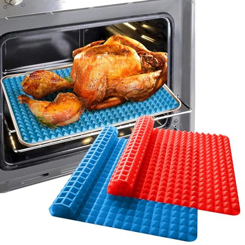 Diamond Chef Silicone Baking Cooking Mat Oven Pyramid Large Trays Sheet Non-Stick Pastry Value 2 Pack, Reducing Healthy Cooking Heat-Resistant for Grilling BBQ 39.5x27cm (2 PCS, Blue&Red)