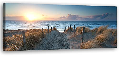 Feeby Bild auf Vlies Leinwand Sonnenuntergang Strand Meer 120x40 cm Kunstdruck Modern Wandbilder Deko Flur Wohnzimmer Ostsee Nordsee Weg Orange