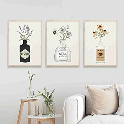 Canvas Painting ​Gin Vodka Whiskey Cocktail Bottle Flower Poster Print Nordic Kitchen Bar Wall Art Picture For Living Room Decor 40x60cmx3 Unframed