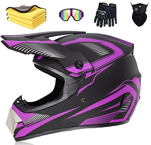 Ruiqieor Moto Motocross Casques Enfant Et Adulte Set AVT MX Casques Moto De Cross Enfants Quad Bike Vélo De Montagne Avec Gants Lunettes Masques (S(52-56cm),Purple)