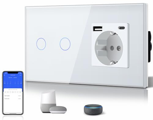 BSEED Standard Schuko Steckdose mit Lichtschalter Glasscheibe Smart Alexa Touch Switch mit 3 in 1 Steckdose mit 2.1 A USB Ladeleistung + Type C Adapter Aufladestation 2 Fach 1 Weg Lichtchalter Weiß