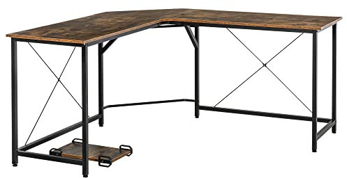 HOMCOM Bureau d'ordinateur Design Industriel Bureau d'angle Support pour UC Vieux Bois Aspect métal Noir