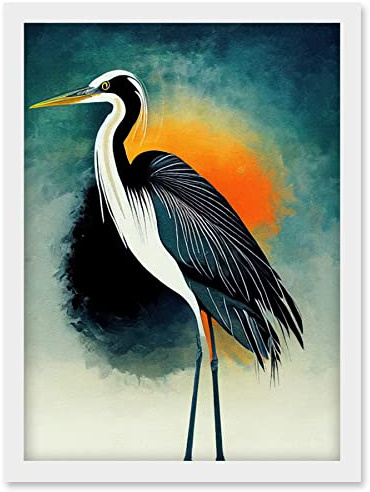 Wee Blue Coo Heron Monochrome Bird Portrait Orange Sunrise Illustration Acrylic Paint Artwork Framed Wall Art Print A4