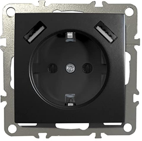 Schuko Steckdose Unterputz Schutzkontakt-Steckdose 1-Fach 16A 220-250V mit 2x USB 5V 1A Schwarz Matt