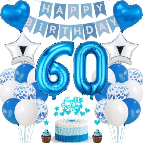 Jrzyhi 60. Geburtstag Dekoration - Blau Tortendeko für Männer und Frauen, Party Deko Silber, Geburtstagsdeko 60 Jahre