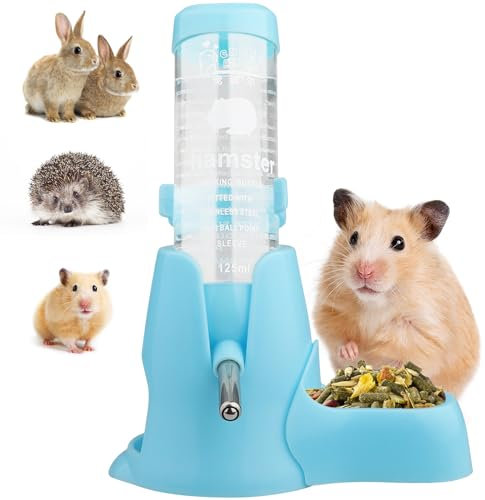 Diyife Hamster Trinkflasche, [125ML] Haustier Wasserflasche Kein Wasseraustritt, Automatischen Wassertrinken Spender + Futternapf + Bodenhöhle 3-in-1 für Häschen, Chinchilla, Igel, Eichhörnchen - Blau