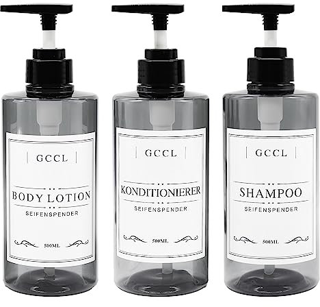 3 Pack Refillable Shampoo and Conditioner Dispenser - 500ml Plastic Empty Soap Dispenser for Shower Gel, Reusable Body Wash Liquid Bottle Pump Dispenser Set with Labels for Bathroom or Hotel