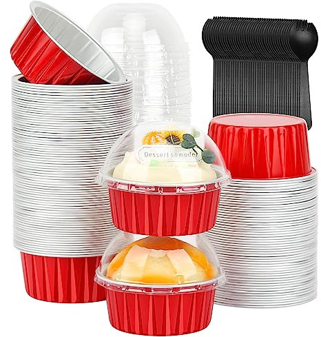 5oz Cupcake Pans Muffin Tins 100 Pack,LNYZQUS Aluminum Foil Mini Cake Baking Cups with Dome Lids,Disposable Ramekins Cupcake Liners,Small Cake Mini Pie Baking Pan for Christmas -Red