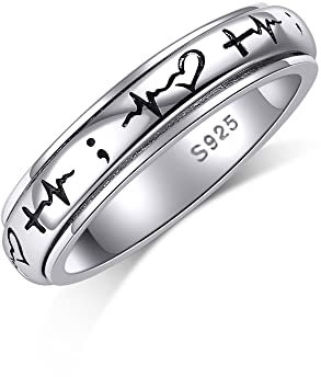 Fidget Ring Sterling Silber Herzschlag Angst Ring Semikolon Spinner Band Ring Stress Entlastung Schmuck Geschenke für Frauen Männer (Semikolon Spinner Ring, 7)