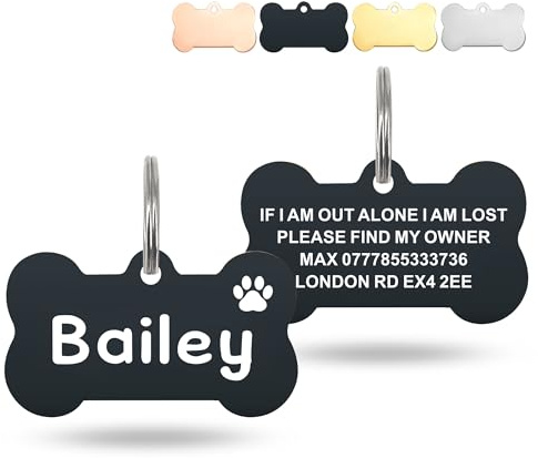 Deep Engraved Dog Tags for Pets UK Prime, Personalised Cat Dog Name ID Tags, Stainless Steel Pet Tag for Doggy Kitten Kitty Puppy, Scratch Resistant Tag (Black Bone, L)