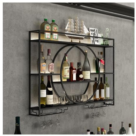 pujindu Modern Metal Wine Rack Wall Mounted, Industrial Wine Display Racks, Bar Unit Floating Shelves, Hanging Wine Bottle & Glass Holder for Home Decor(Black, 39.4x5.9x31.5in)