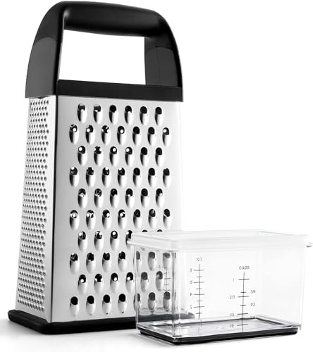 Urbanstrive Rallador de queso con contenedor, rallador de queso profesional con asa, rallador de acero inoxidable para cocina, rallador de caja con 4 lados para verduras, jengibre, patatas, negro