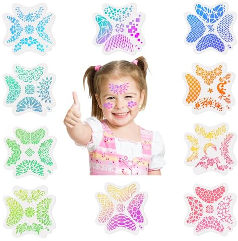 Suitedget 10 Stück Glitzer Tattoo Schablonen - Kinderschminken, TattooSchablonen, Kinder Schmink Schablonen - Wiederverwendbar für Maskenball, Halloween, Karnevalsparty, Rollenspiel