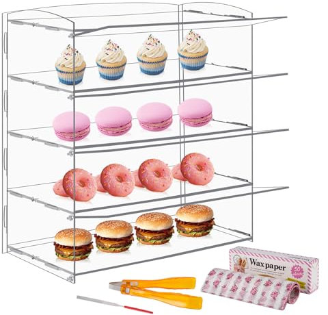 BAOSHISHAN Vitrina de acrílico transparente para repostería, expositor de pastel de 4 niveles, mostrador de alimentos para exhibir pastel y donas con pinza para servir, 50 cm de largo x