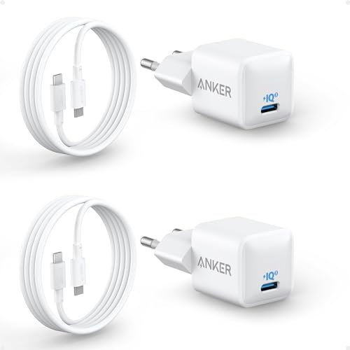 USB C Ladegerät 20W, Anker 511 Ladegerät (Nano), PIQ 3.0 kompaktes Schnellladegeräte + 2 180cm USB C Kabel, Für iPhone 16/15/iPad Pro (Doppelset, 2X Netzteil & 2 Kabel)