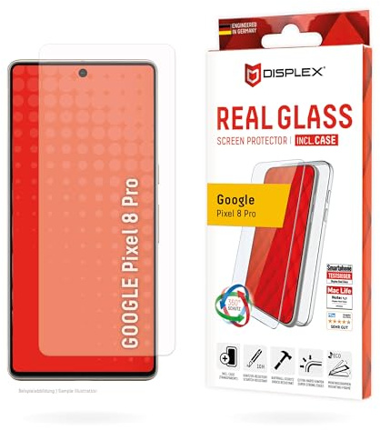 Schutzglas + Schutzhülle für Google Pixel 8 Pro (10H), Eco-Montagerahmen | DISPLEX Real Glass + transparente Schutzhülle, 10H Panzerglas, Bruchschutz, extra-harte Kanten, kratzfest, Anti-Shock