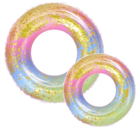 2Pcs Inflatable Swim Ring for Adult,Kids Swimming Rings,Bling Inflatable Pool Floats With Rainbow Sequins Transparent Floating Ring Swim Tube Rings for Girl Women Beach Summer Pool Party Water Sport