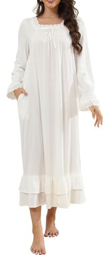 YARISNEY Women Plus Size Long Nightgown Knit Vintage Sleepwear Classic Victorian Floor Length Pajama Dress (White,XXL)