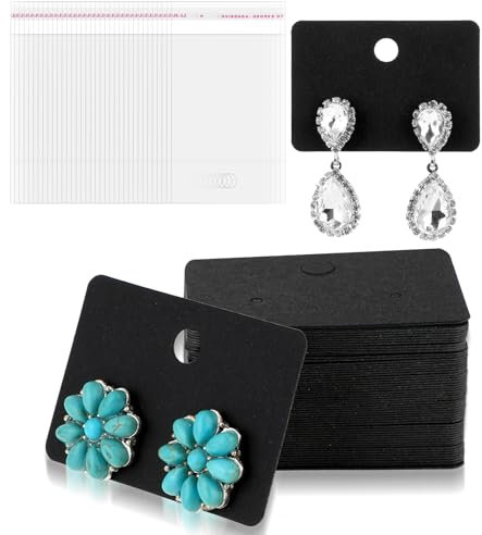 Thinp 100 Pcs Earring Display Cards with 100 Pcs Self-Seal Bags Earring Holder Cards Earring Card Punch 1.9 x 1.2 Earring Cards with Holes Earring Cards for Selling Earrings Jewelry Display(Black)