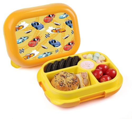 wooshwa Fiambrera Infantil - Bento Snack Lunch Box - Loncheras para Niñas Niños - Caja Almuerzo Infantil con Compartimentos - Sin BPA y apta para Lavavajilla - 745ml - Coche de Carreras Amarillo