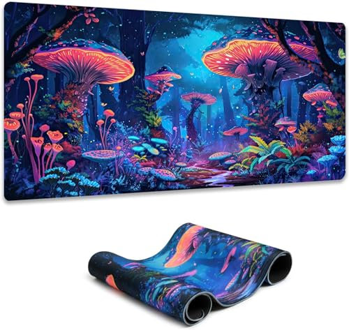 Simpkeely Fantasy Mushroom Mouse Pad, Blacklight Gaming Forest Waterproof Extended Large Desk Pad UV Long Computer Keyboard Big Mouse Mat with 3mm Non-Slip Rubber Base for Office Home - 80 x 30 cm