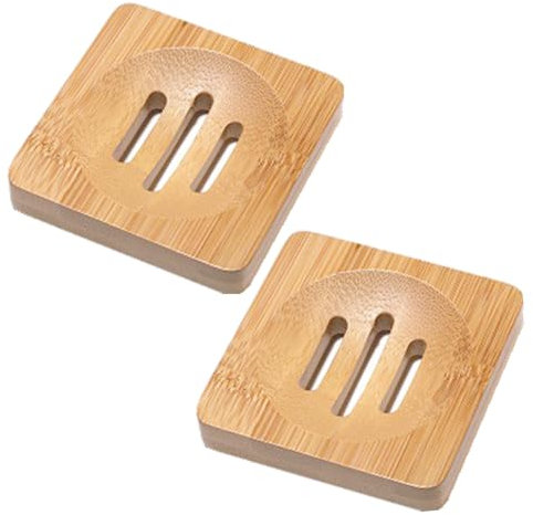 Porte-savon carré en bambou naturel antidérapant avec auto-drainant pour salle de bain douche (2)