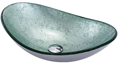 CLRAWSHB Bathroom Vessel Sink with Drain Combo, Countertop Bathroom Sink Bowl Tempered Glass 12MM Thick Vanity Sink Bowl On the Top Oval Green Vessel Bowl Sink, Without Faucet