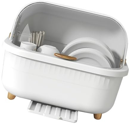 OPPWONG Escurreplatos con Tapa, Multifuncional, Ahorro de Espacio, Orificio de Drenaje Inferior, Escurreplatos de Plástico, Escurridor de Platos con Tapa (Blanco Grande)