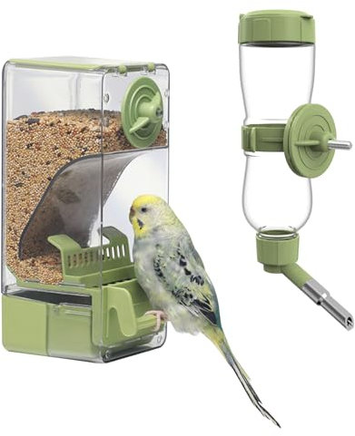 Automatischer Vogelfutterspender Wasserspender Set, Vogelkäfig-Futterspender mit Sitzstange für Wellensittiche, Sittiche, Kanarienvögel, Nymphensittiche, Finken (Grün)